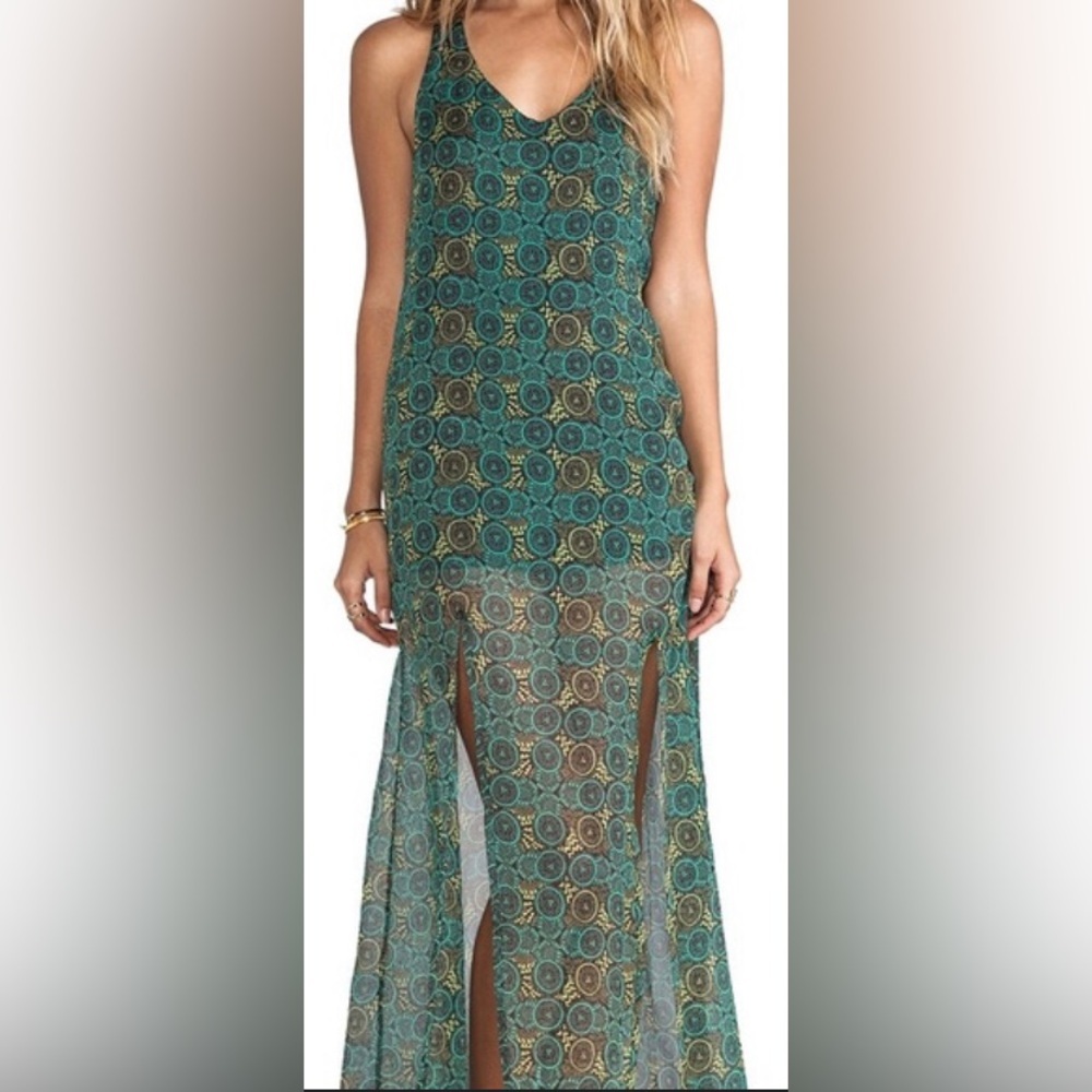 RVCA Glenn Racerback  Flowy Front Slit Printed chiffon Maxi Dress Sz XS